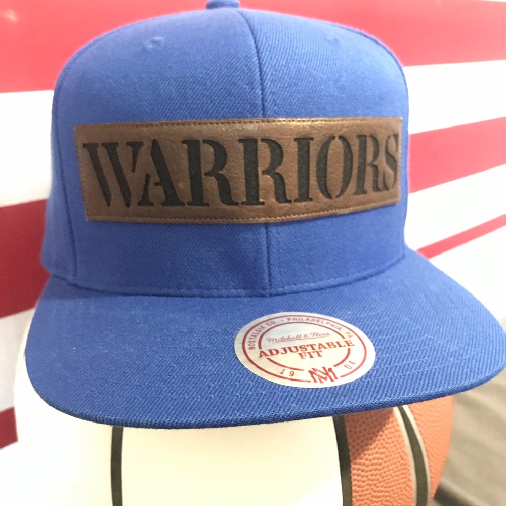 Warriors Snap Back Hat NWT Leather Mitchell & Ness - Picture 4 of 8